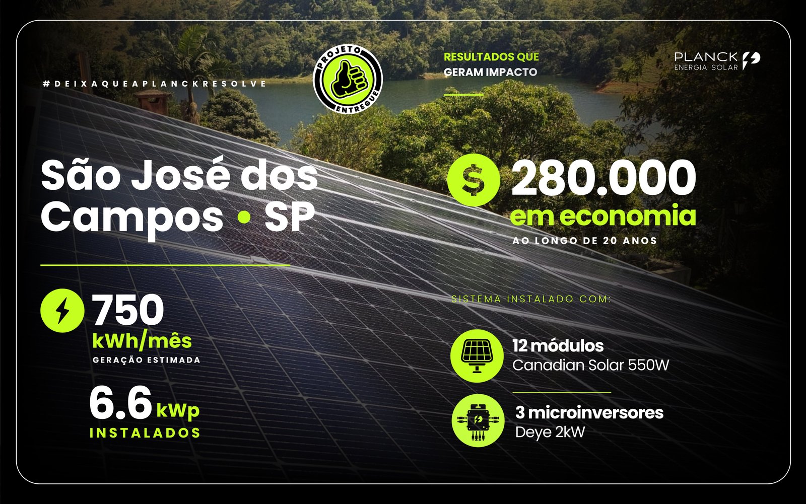 Sistema fotovoltaico instalado em São José dos Campos, SP, com painéis solares e vista para área verde
