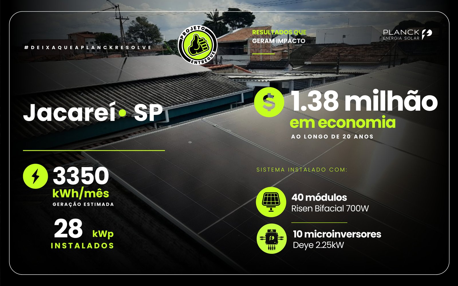 Sistema fotovoltaico instalado em Jacareí, SP, com 28 kWp de potência sobre telhados residenciais