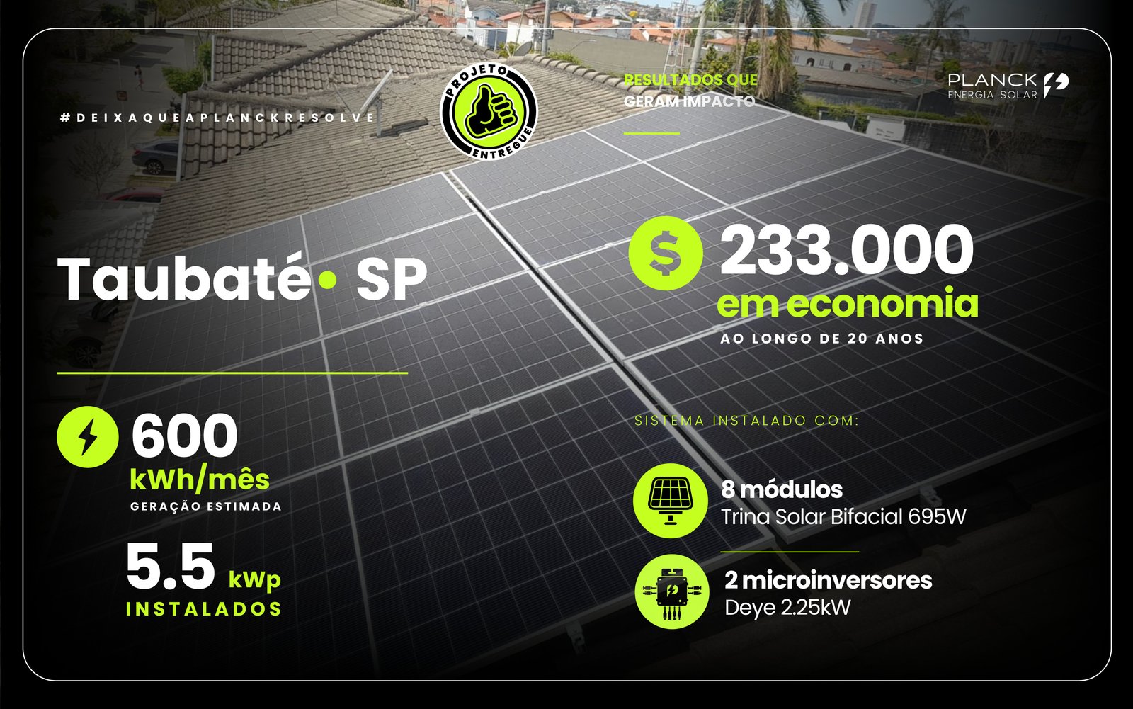 Sistema fotovoltaico instalado em Taubaté, SP, sobre telhado residencial com vista da cidade