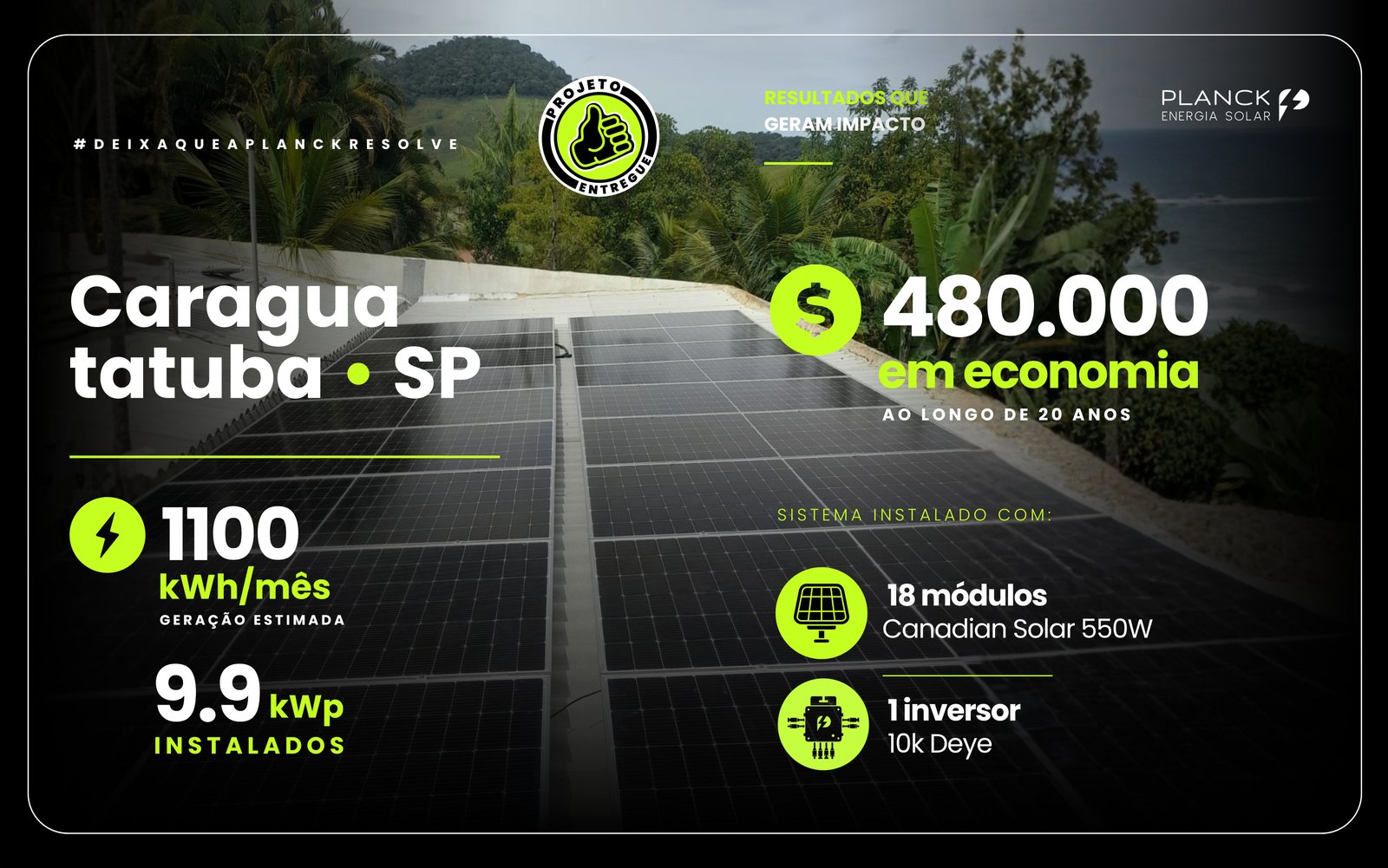 Sistema fotovoltaico instalado em Caraguatatuba, SP, no Litoral Norte, com vegetação ao redor